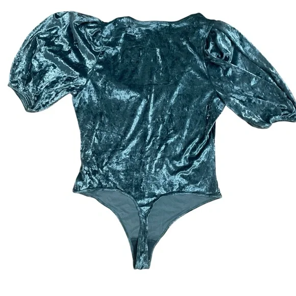 Teal Crushed Velvet V-Neck Bodysuit - Picture 3 of 10